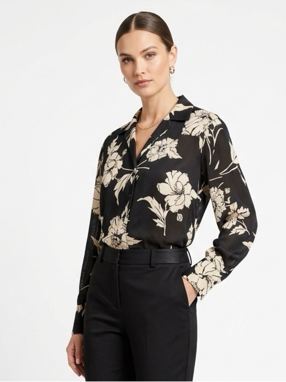 JONES NY L/S Black Beige Silk Floral Print Blouse Size 12 $89 EUC LCSR